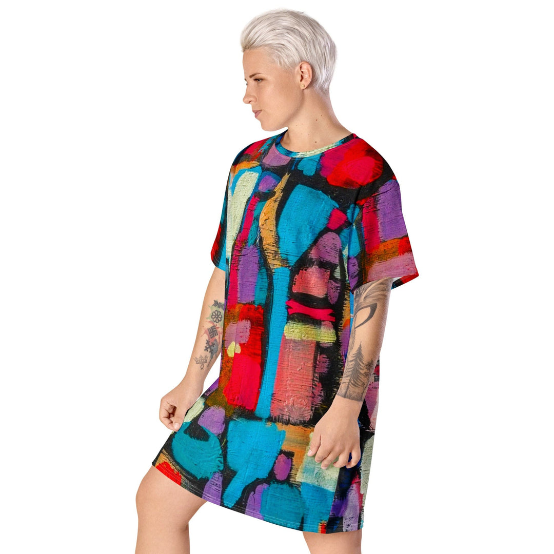 Womens Graphic T-shirt Dress Sutileza Red Multicolor Abstract Print - Womens