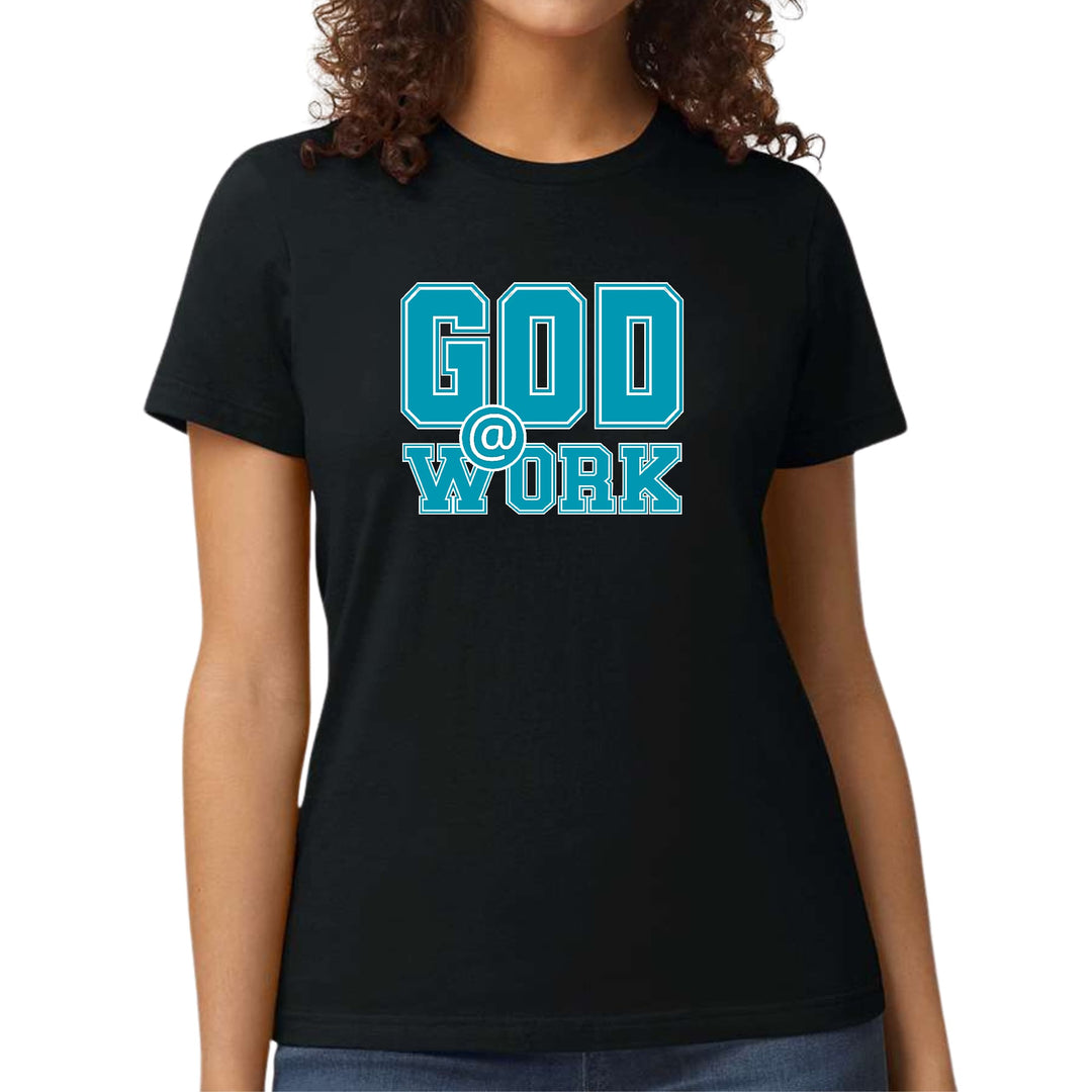 Womens Graphic T-shirt God @ Work Blue Green and White Print - Womens | T-Shirts