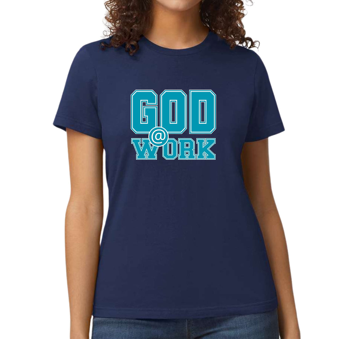 Womens Graphic T-shirt God @ Work Blue Green and White Print - Womens | T-Shirts