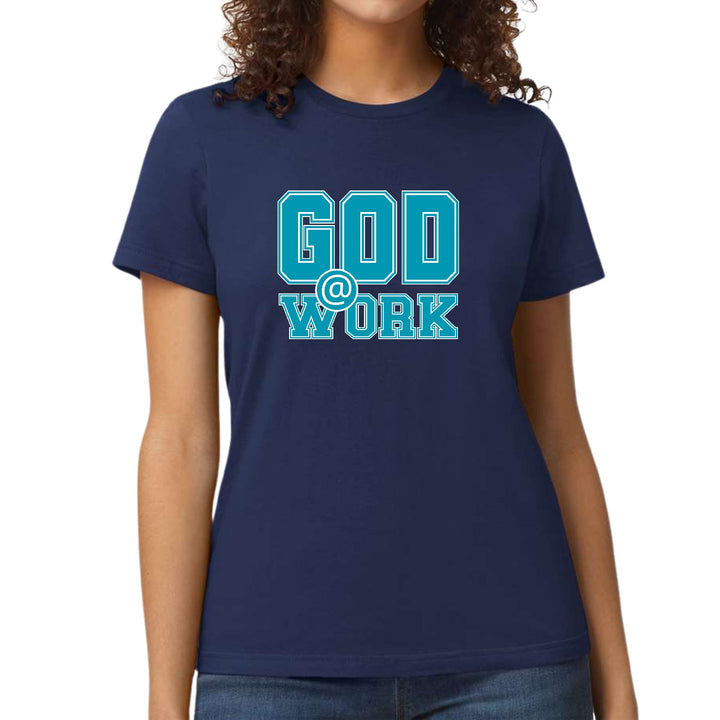 Womens Graphic T-shirt God @ Work Blue Green and White Print - Womens | T-Shirts