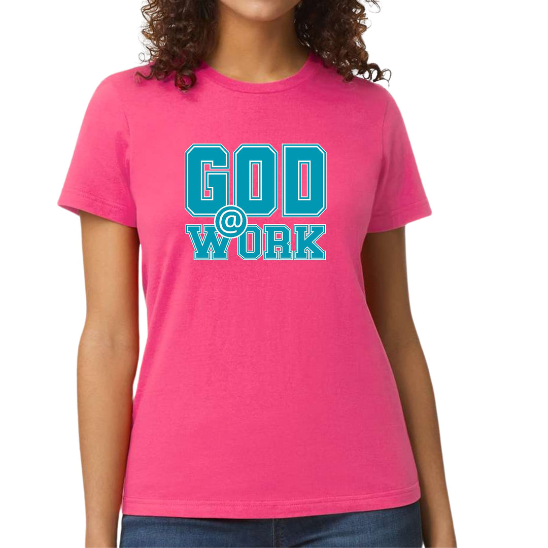 Womens Graphic T-shirt God @ Work Blue Green and White Print - Womens | T-Shirts