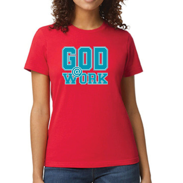 Womens Graphic T-shirt God @ Work Blue Green and White Print - Womens | T-Shirts