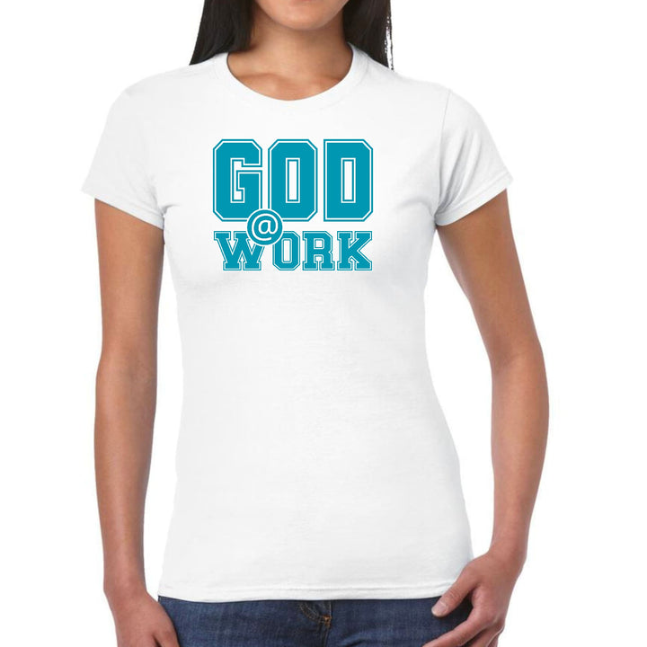 Womens Graphic T-shirt God @ Work Blue Green and White Print - Womens | T-Shirts