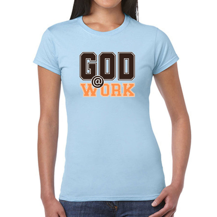 Womens Graphic T-shirt God @ Work Brown and Orange Print - Womens | T-Shirts