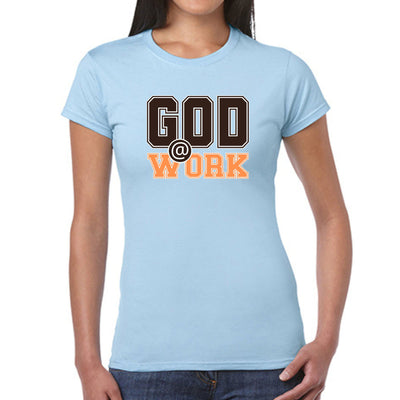 Womens Graphic T - shirt God @ Work Brown And Orange Print - T - Shirts