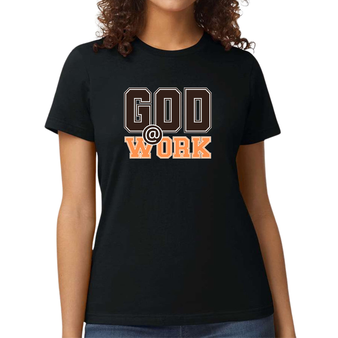 Womens Graphic T-shirt God @ Work Brown and Orange Print - Womens | T-Shirts