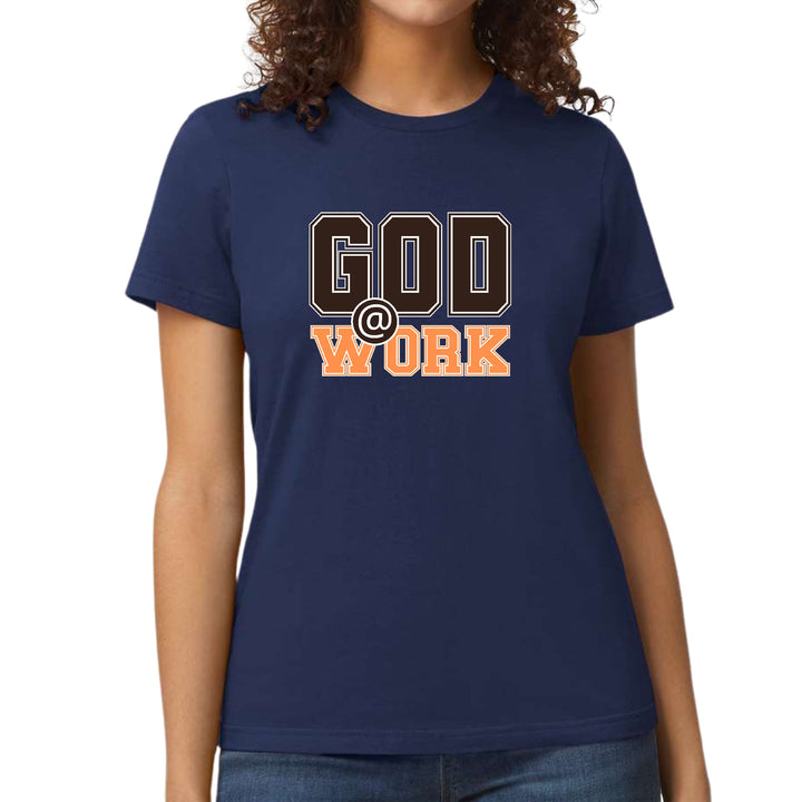 Womens Graphic T-shirt God @ Work Brown and Orange Print - Womens | T-Shirts