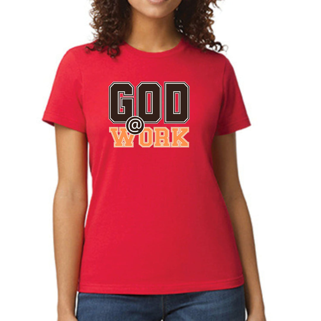 Womens Graphic T-shirt God @ Work Brown and Orange Print - Womens | T-Shirts