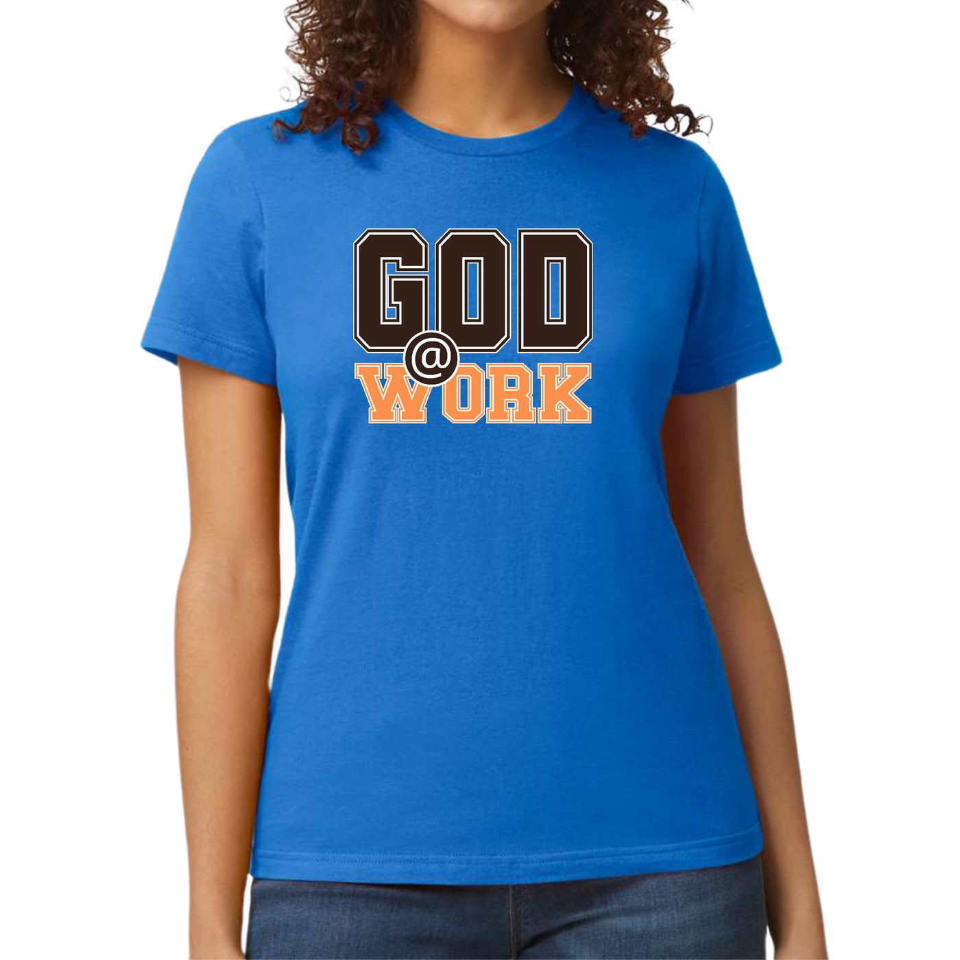 Womens Graphic T - shirt God @ Work Brown And Orange Print - T - Shirts
