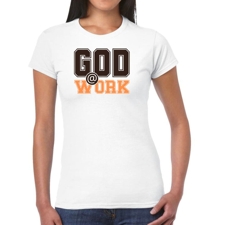 Womens Graphic T-shirt God @ Work Brown and Orange Print - Womens | T-Shirts