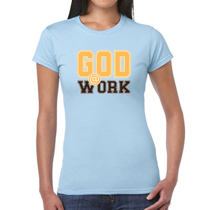 Womens Graphic T-shirt - God @ Work Golden Yellow and Brown Print - Womens