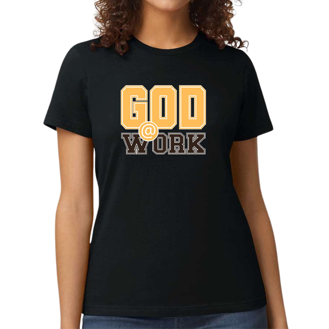 Womens Graphic T-shirt God @ Work Golden Yellow and Brown Print - Womens