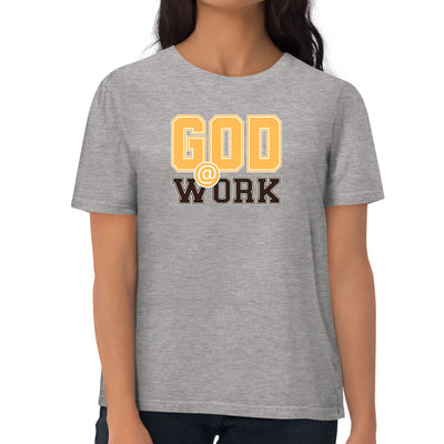 Womens Graphic T-shirt God @ Work Golden Yellow And Brown Print - Womens