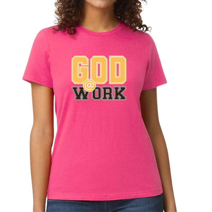 Womens Graphic T-shirt - God @ Work Golden Yellow and Brown Print - Womens