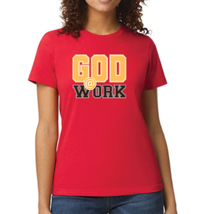 Womens Graphic T-shirt - God @ Work Golden Yellow and Brown Print - Womens