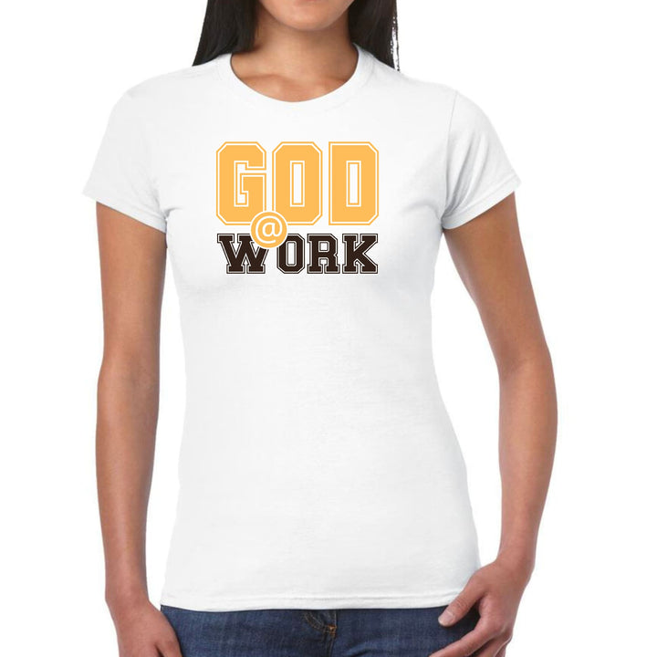 Womens Graphic T-shirt - God @ Work Golden Yellow and Brown Print - Womens