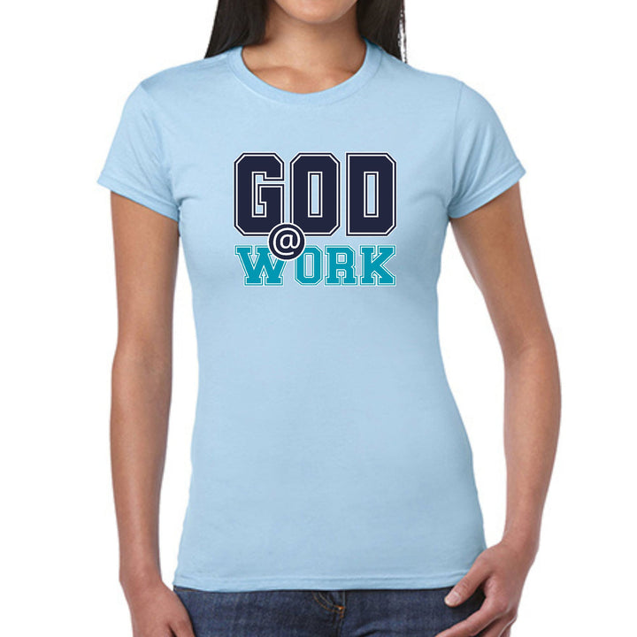 Womens Graphic T-shirt God @ Work Navy Blue and Blue Green Print - Womens