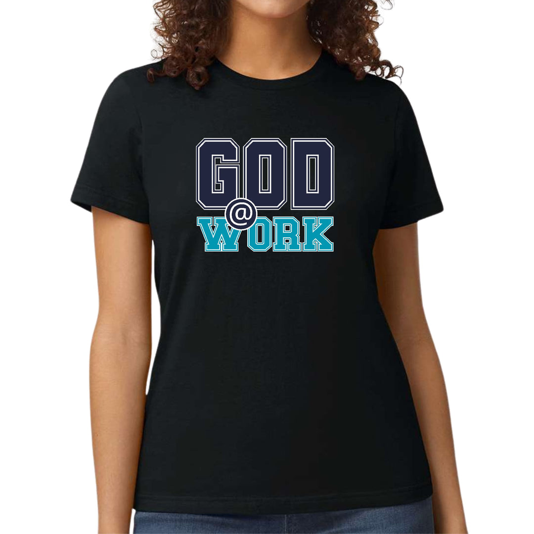 Womens Graphic T-shirt God @ Work Navy Blue and Blue Green Print - Womens