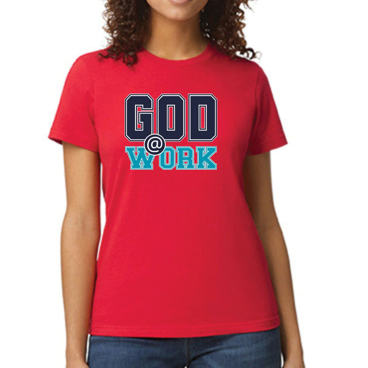 Womens Graphic T-shirt God @ Work Navy Blue and Blue Green Print - Womens