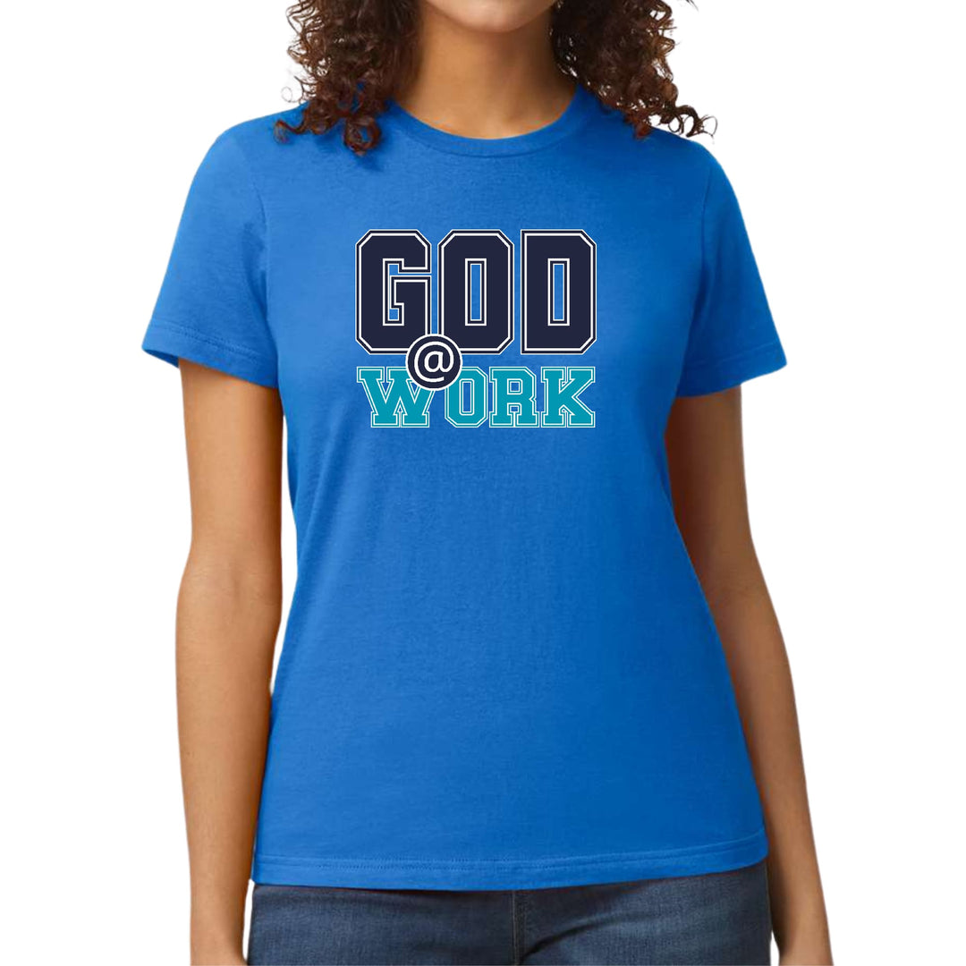 Womens Graphic T-shirt God @ Work Navy Blue and Blue Green Print - Womens