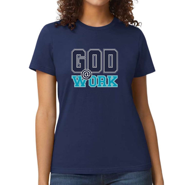 Womens Graphic T-shirt God @ Work Navy Blue and Blue Green Print - Womens