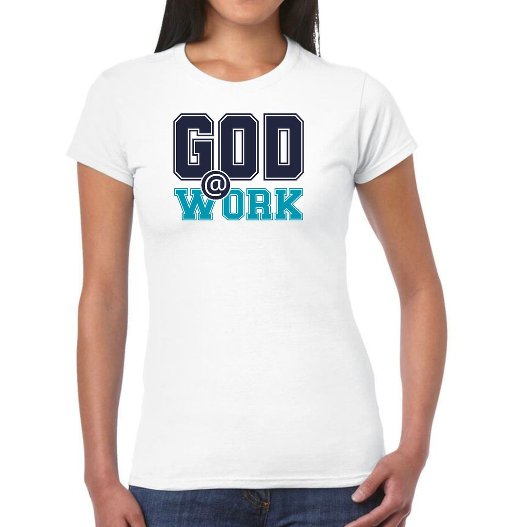 Womens Graphic T-shirt God @ Work Navy Blue and Blue Green Print - Womens