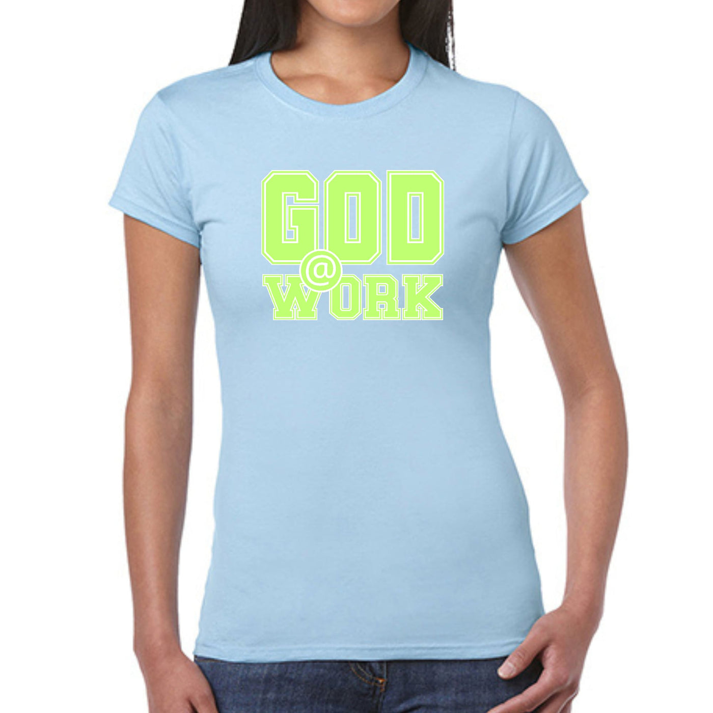 Womens Graphic T - shirt God @ Work Neon Green And White Print - T - Shirts