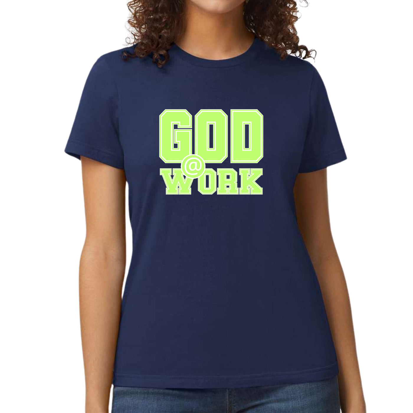 Womens Graphic T-shirt God @ Work Neon Green And White Print - Womens | T-Shirts