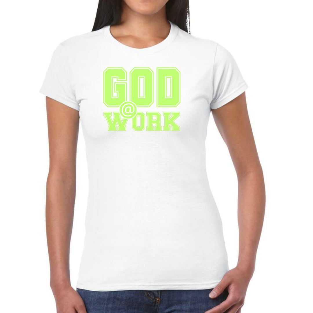 Womens Graphic T-shirt God @ Work Neon Green and White Print - Womens | T-Shirts