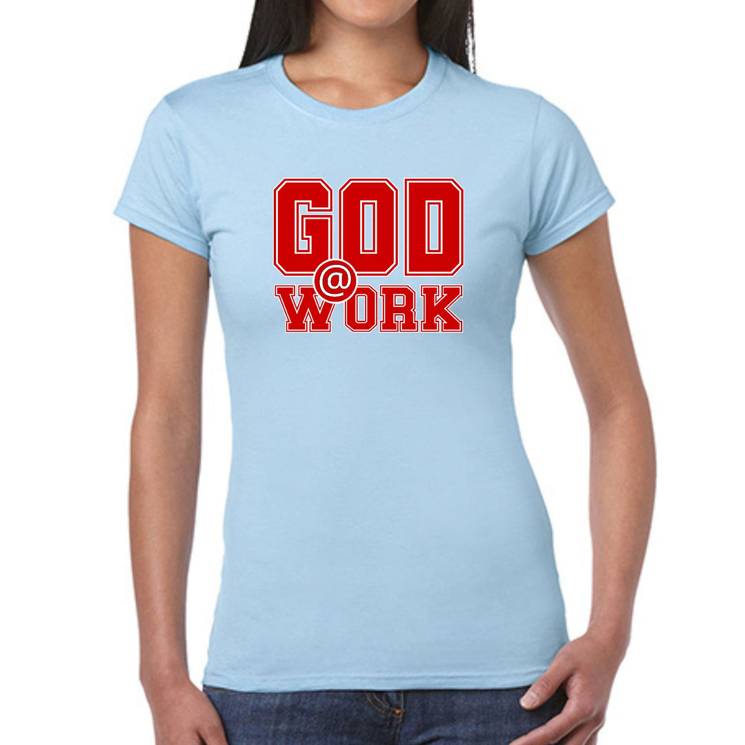 Womens Graphic T-shirt God @ Work Red and White Print - Womens | T-Shirts