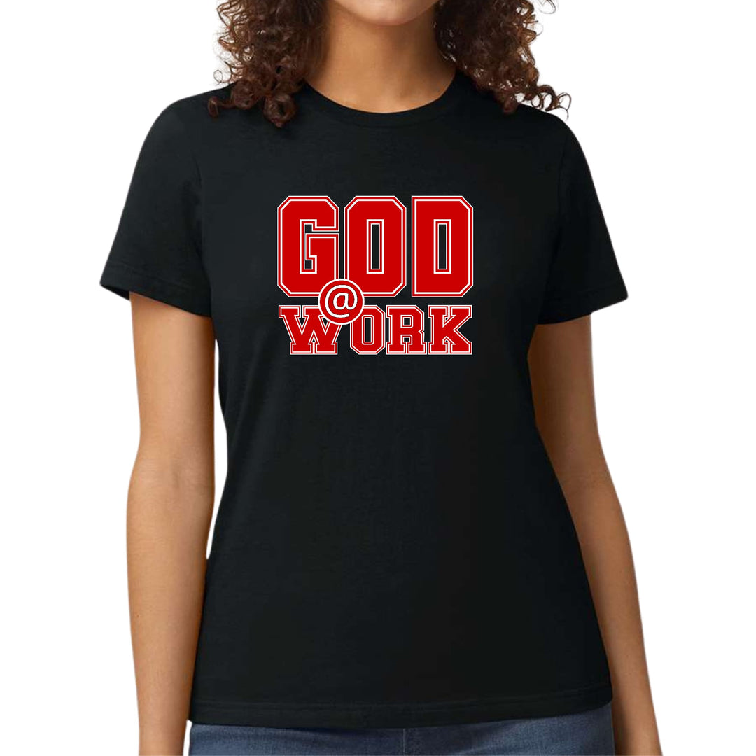 Womens Graphic T-shirt God @ Work Red and White Print - Womens | T-Shirts