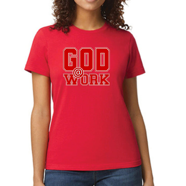 Womens Graphic T-shirt God @ Work Red and White Print - Womens | T-Shirts