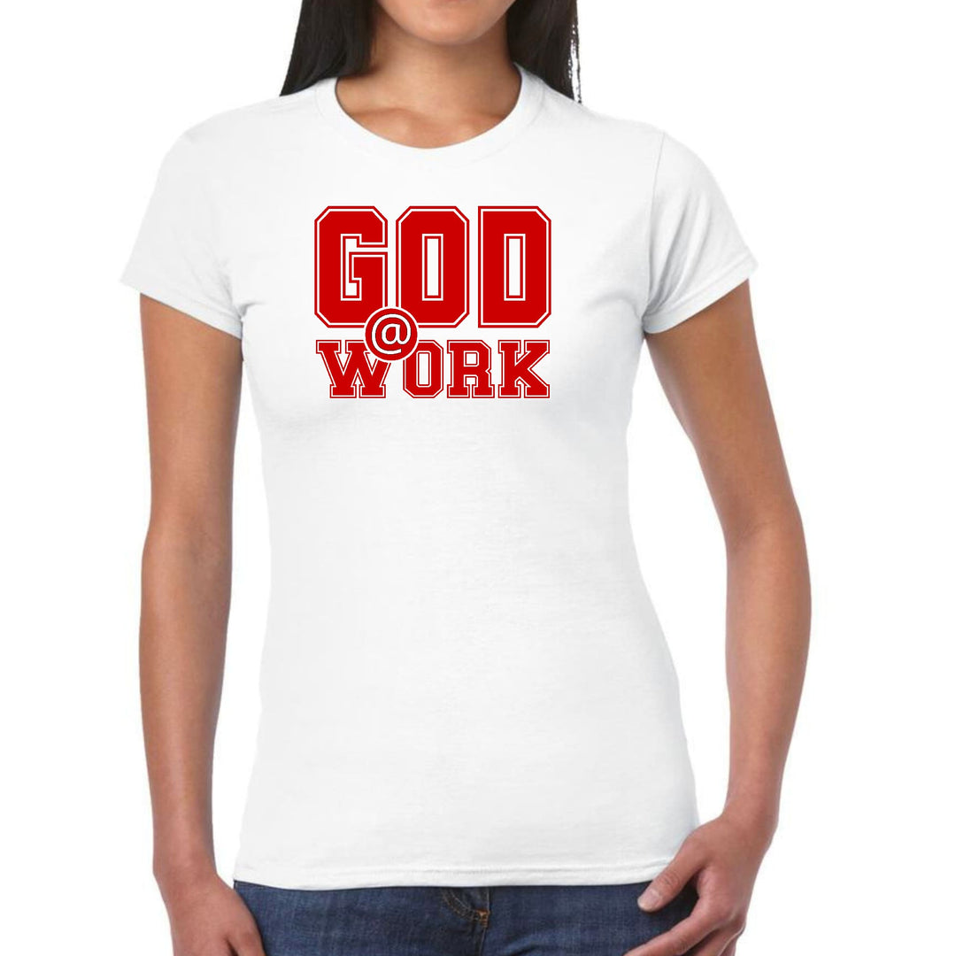 Womens Graphic T-shirt God @ Work Red and White Print - Womens | T-Shirts