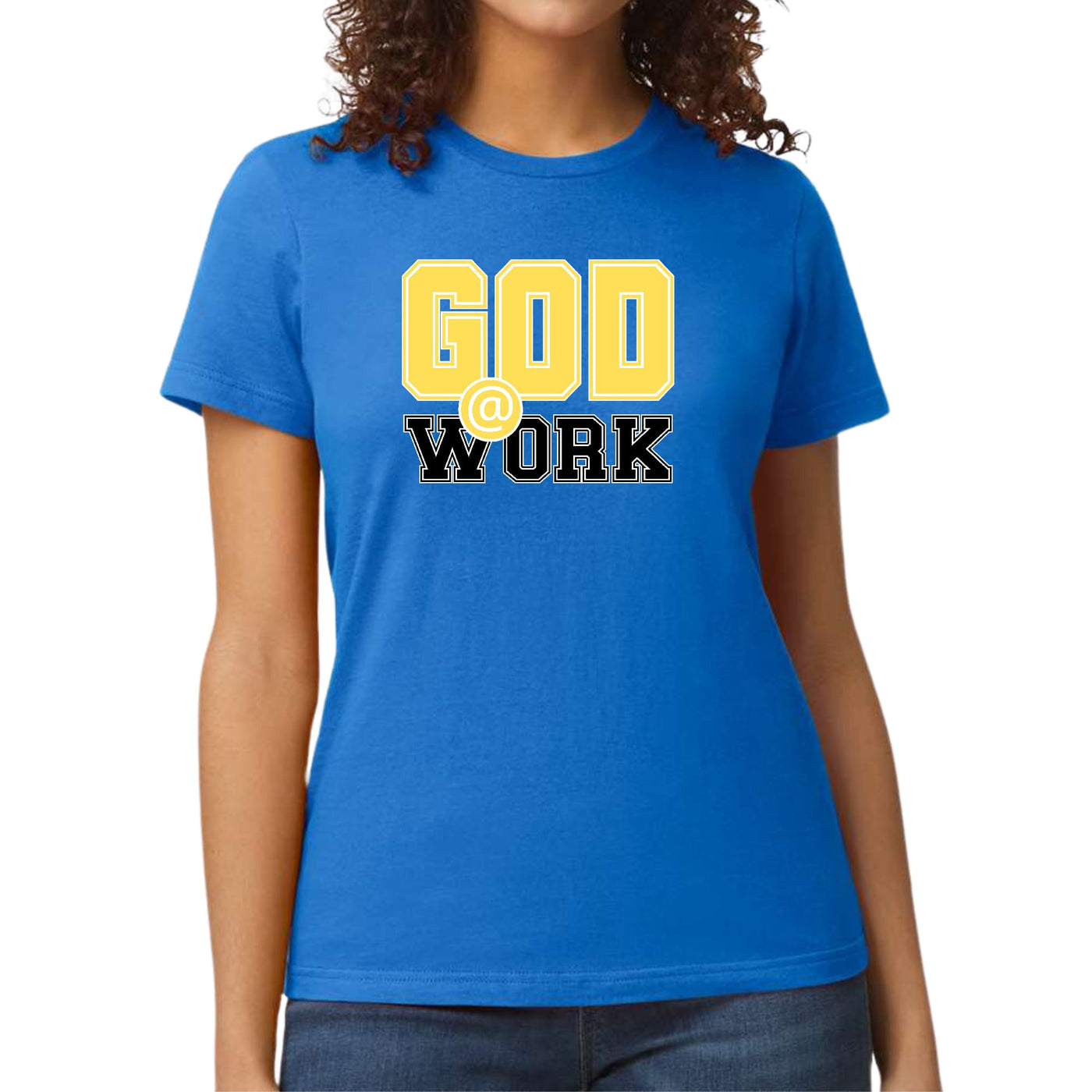 Womens Graphic T-shirt God @ Work Yellow And Black Print - Womens | T-Shirts