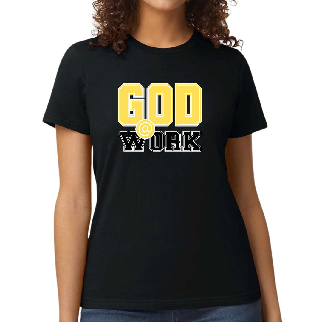 Womens Graphic T-shirt God @ Work Yellow and Black Print - Womens | T-Shirts