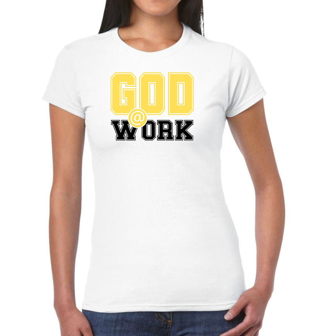 Womens Graphic T-shirt God @ Work Yellow and Black Print - Womens | T-Shirts