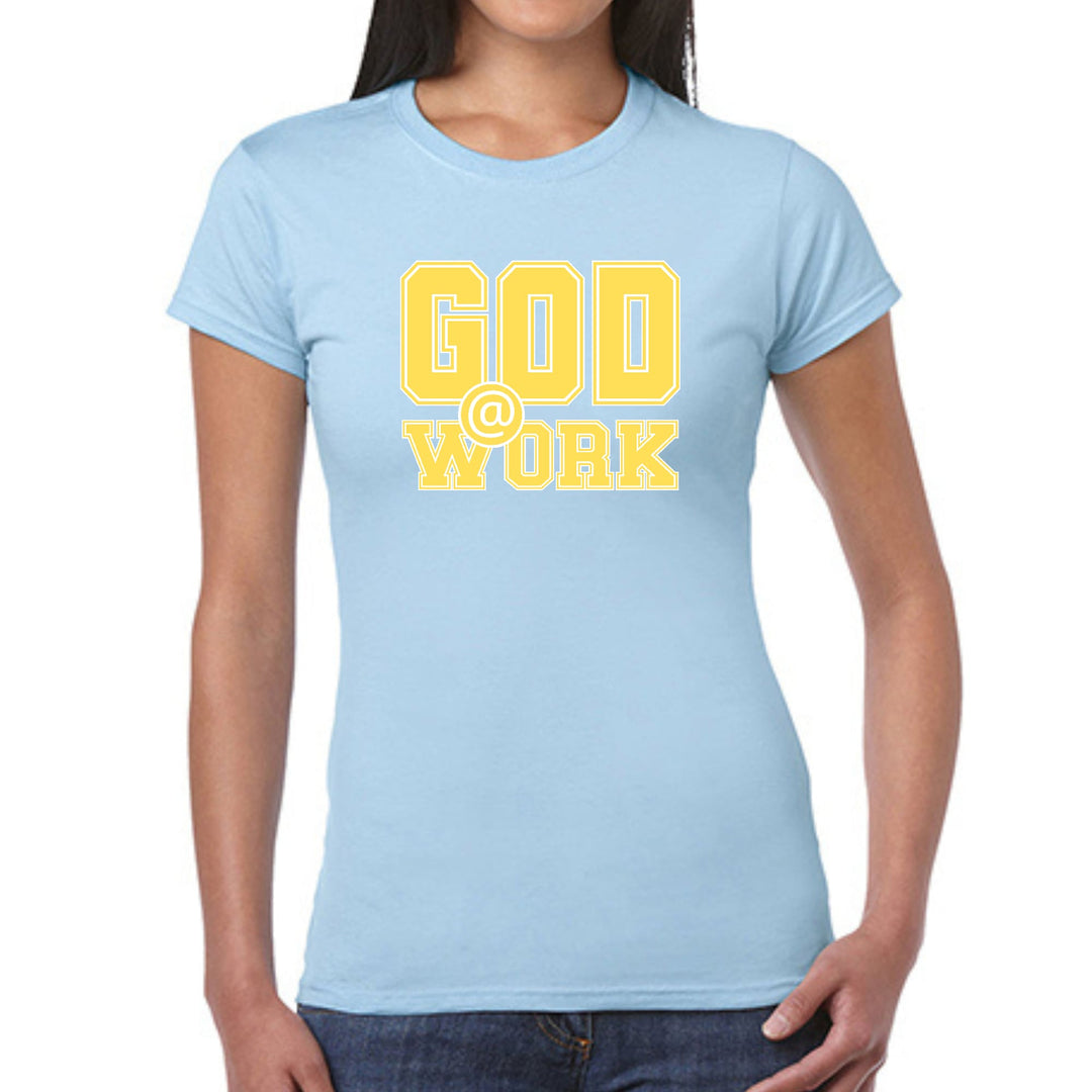 Womens Graphic T-shirt God @ Work Yellow and White Print - Womens | T-Shirts