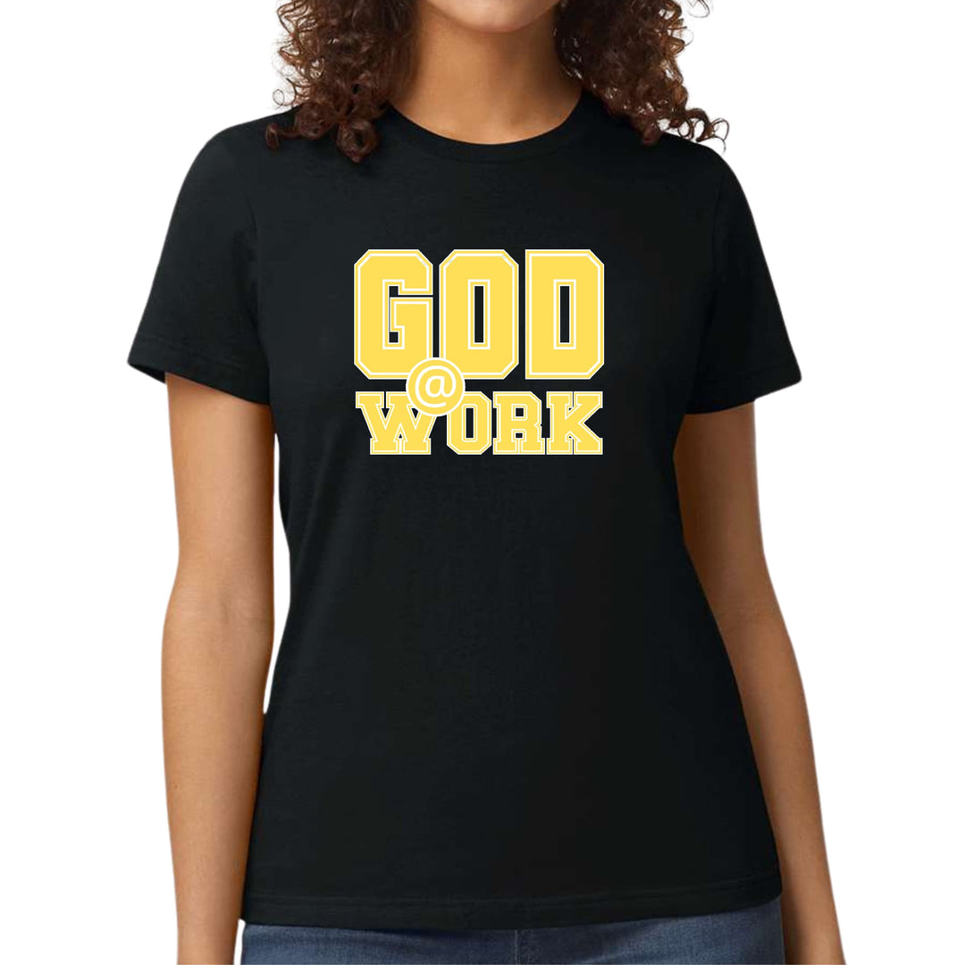 Womens Graphic T-shirt God @ Work Yellow and White Print - Womens | T-Shirts