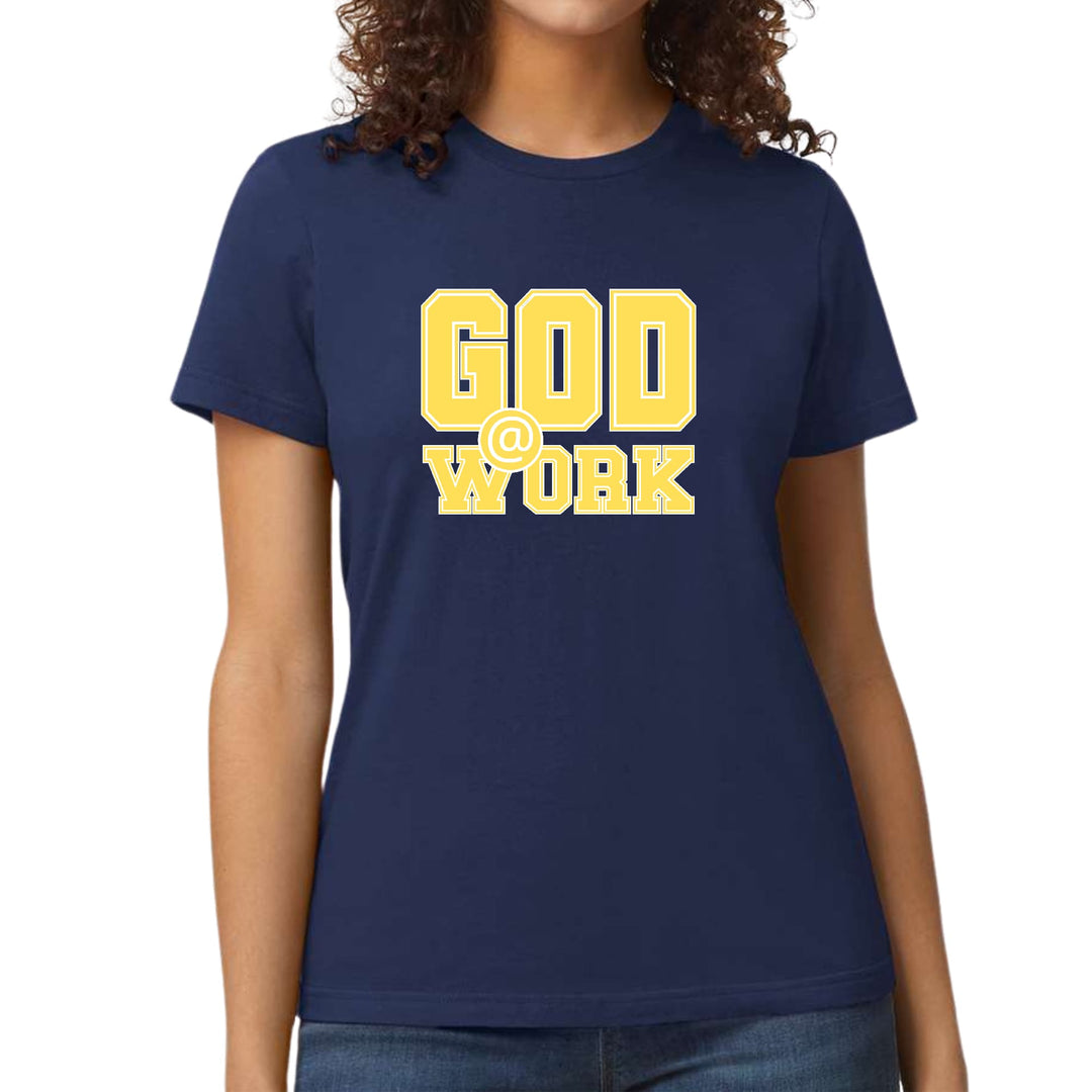 Womens Graphic T-shirt God @ Work Yellow and White Print - Womens | T-Shirts