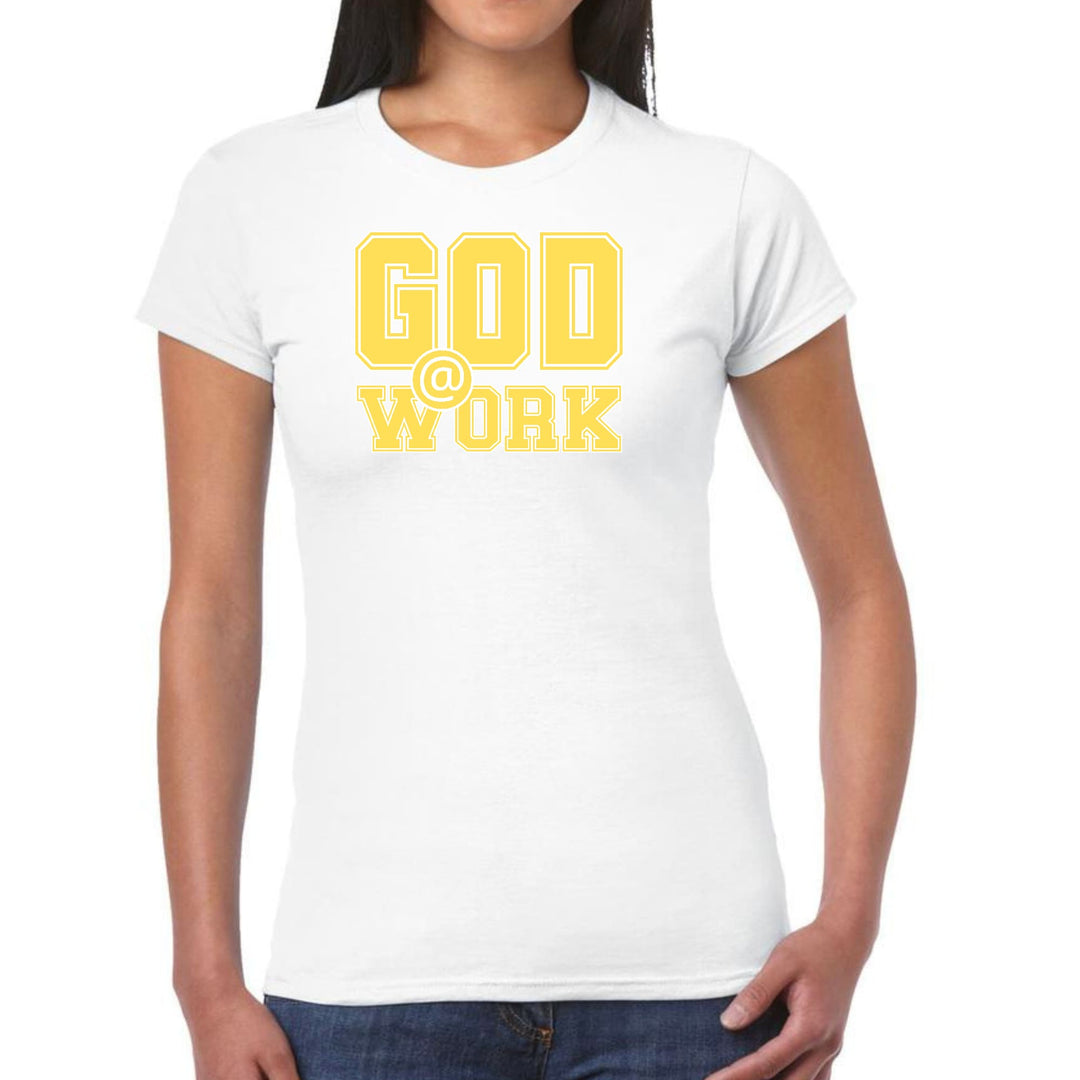 Womens Graphic T-shirt God @ Work Yellow and White Print - Womens | T-Shirts