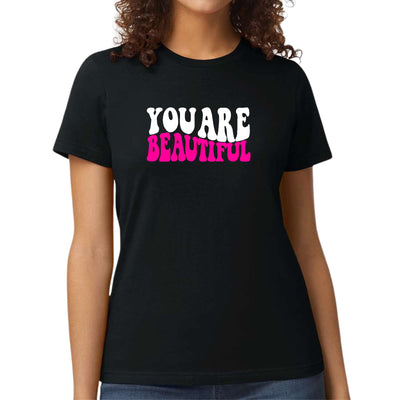 Womens Graphic T - shirt You Are Beautiful Pink White Affirmation - T - Shirts