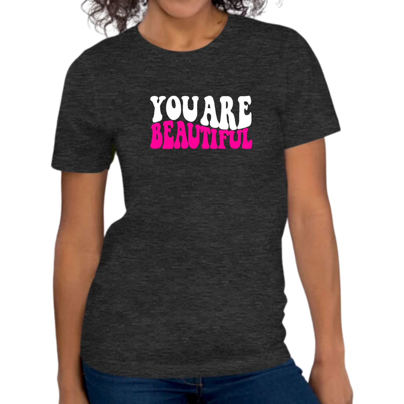 Womens Graphic T - shirt You Are Beautiful Pink White Affirmation - T - Shirts