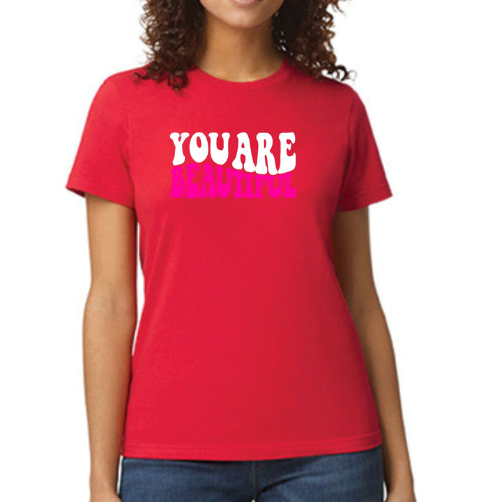 Womens Graphic T-shirt you are Beautiful Pink White Affirmation - Womens