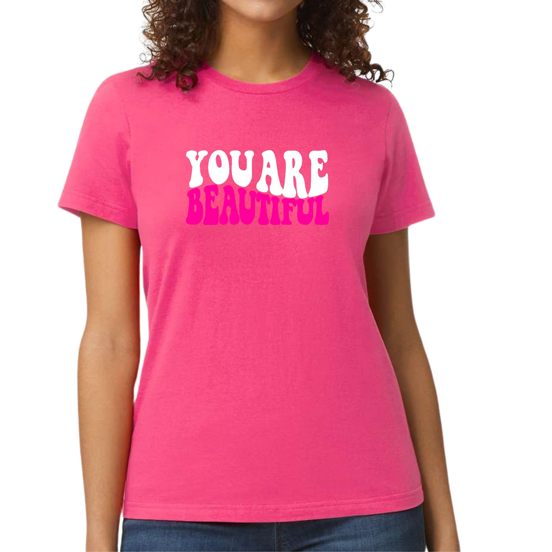 Womens Graphic T-shirt you are Beautiful Pink White Affirmation - Womens