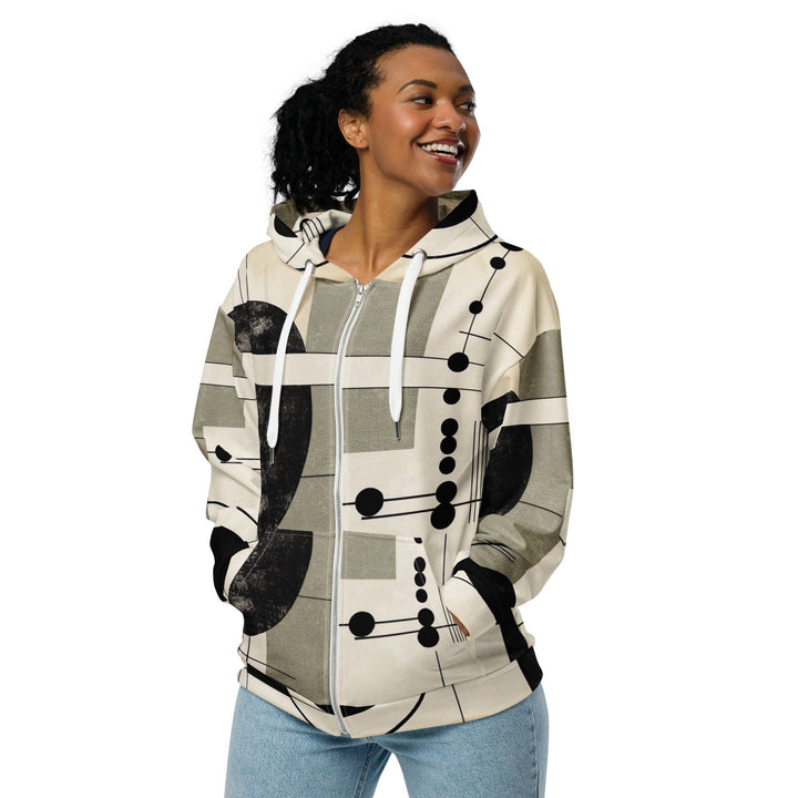 Womens Graphic Zip Hoodie Abstract Black Beige Brown Geometric Shapes