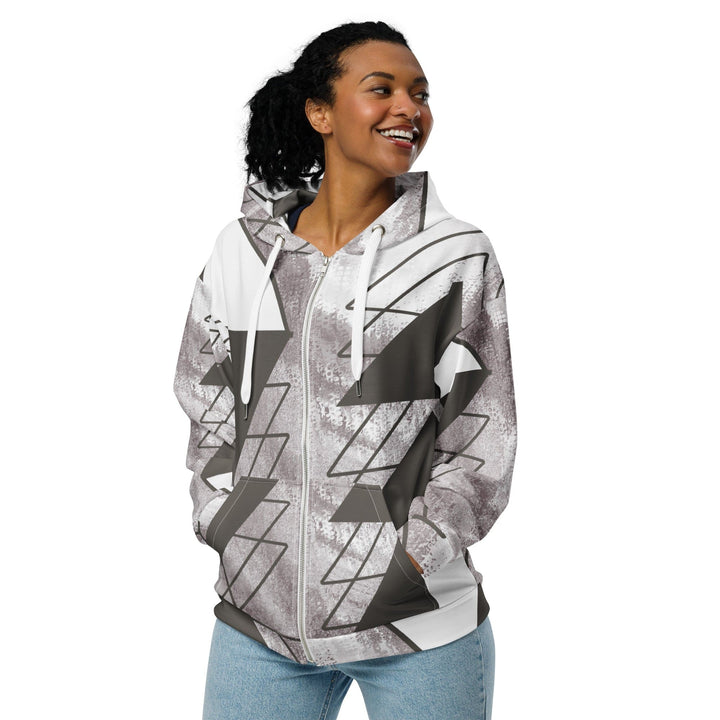 Womens Graphic Zip Hoodie Ash Grey and White Triangular Colorblock