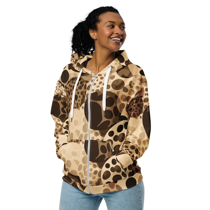 Womens Graphic Zip Hoodie Beige Brown Spotted Print