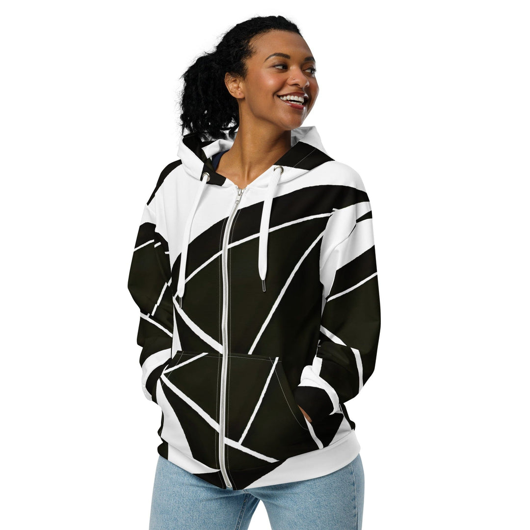 Womens Graphic Zip Hoodie Black and White Geometric Pattern