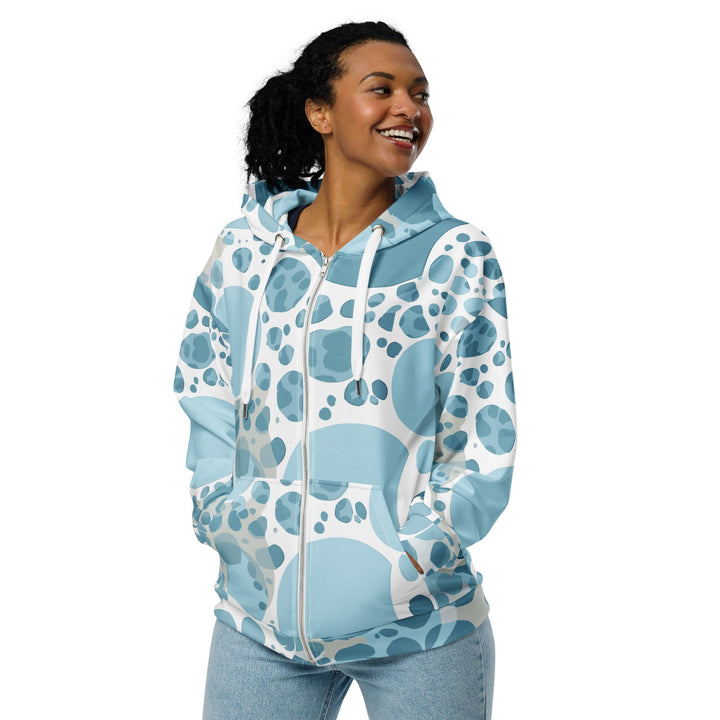 Womens Graphic Zip Hoodie Blue and White Circular Spotted Illustration