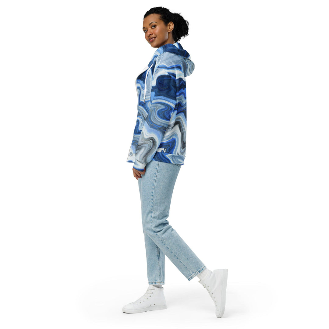 Womens Graphic Zip Hoodie Blue Grey Marble Print